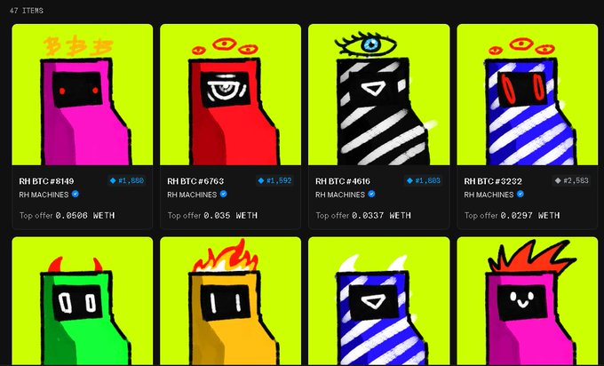The image shows a grid of colorful pixel-art arcade machine NFTs from a collection on Bitcoin's RH MACHINES platform, with each piece priced in WETH (ranging from 0.0247 to 0.0568 WETH) and listed with BTC tickers and rarity numbers (like #8149, #6763, #4616). The vibrant, varied designs—from a pink devil to a striped blue machine—visually reinforce the post's message about an underpriced NFT drop on Bitcoin that collectors are hoping will stay low so they can accumulate more of the 47-item collection.