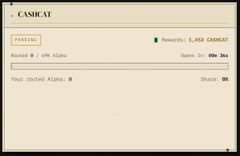 A meme-style profit/loss tracker showing CASICAT pending a 69k alpha buy with rewards of 1,481 CASICAT and 0% share.