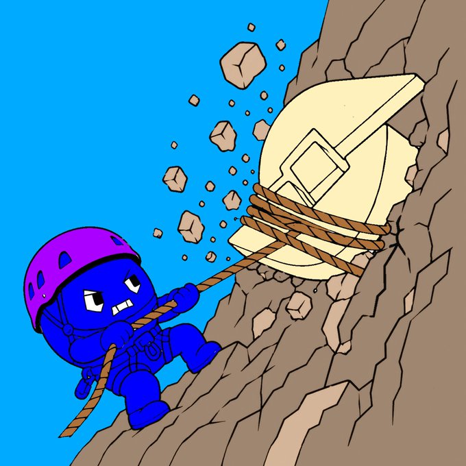 A determined blue cartoon character wearing a purple helmet rappels down a rocky cliff using a rope, with a toilet tied to the rock as a comedic obstacle, symbolizing the uphill challenge of building decentralized communication and digital ownership in the Dlicom community.