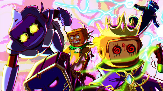 A vibrant digital artwork featuring three cartoonish characters with glowing eyes and menacing expressions, including a crowned figure with spiral eyes, set against a pink and orange sky with lightning.