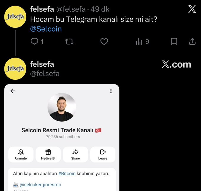 A screenshot of a tweet by @felsefa asking "Hocam bu Telegram kanalı size mi ait? @Selcoin" alongside an image of the "Selcoin Resmi Trade Kanalı" Telegram channel, which has 70,236 subscribers and promotes @selcukerginresmi. The post warns that despite its large following, the channel is actually a bot used to scam users.