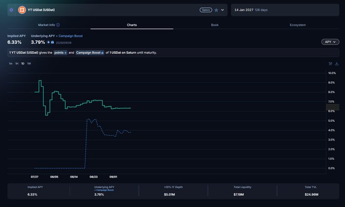 A dark-themed DeFi dashboard showing YT USDe (sUSDe) with an implied APY of 6.33%, underlying APY of 3.79%, and total TVL of $24.96M, featuring a green line chart tracking performance over several months.