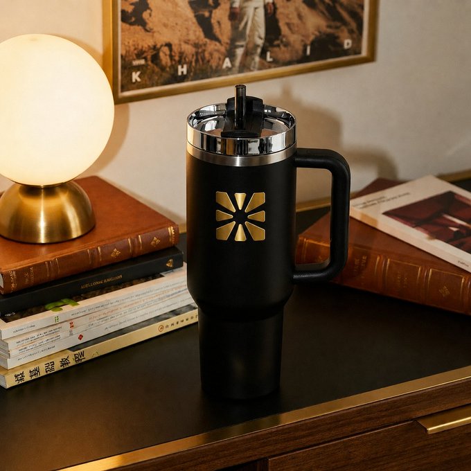 A black insulated travel mug with a handle and a gold Chainbase-style logo sits on a desk beside books, magazines, and a glowing lamp. The setup reflects the post’s “Setting the weekend vibe to the max with Chainbase,” while the framed artwork behind it displays the spaced-out text “K H A I N.”