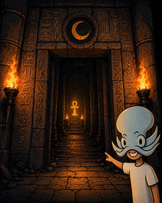 An illustrated ancient Egyptian temple interior with hieroglyphs, a crescent moon emblem, and a glowing ankh symbol, featuring a cartoon octopus-headed character in the foreground.