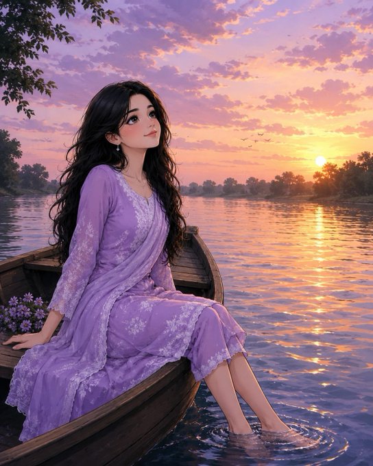 An anime-style illustration of a young woman with long dark hair wearing a lavender dress with white lace details, sitting in a wooden boat on a calm lake during a vibrant sunset.