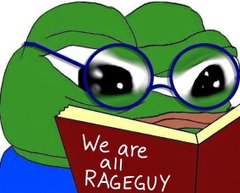 The classic Pepe the Frog meme wearing blue glasses and reading a red book titled 'We are all RAGEGUY'.