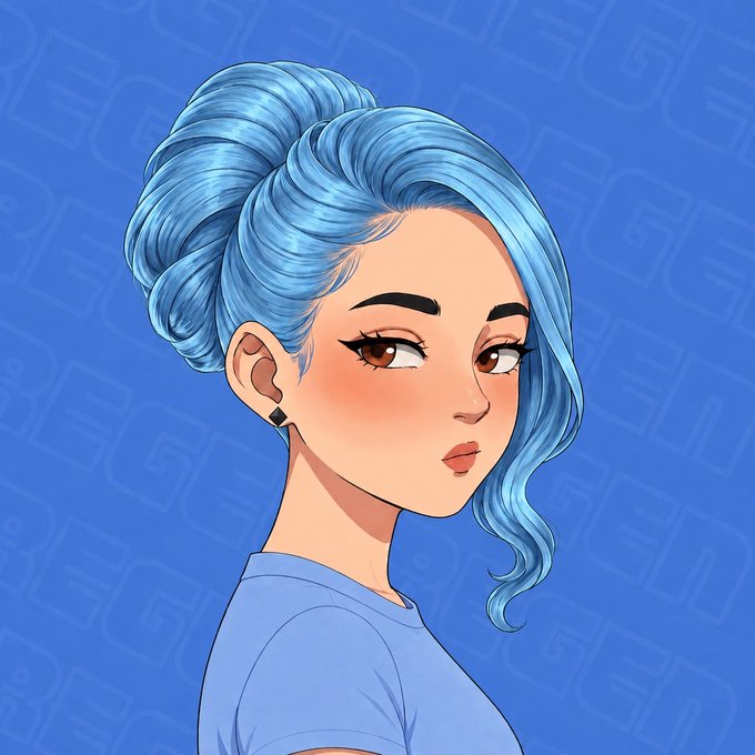 A digital illustration depicts a stylized young woman with vibrant blue hair styled in a high bun and loose curls, wearing a light blue t-shirt against a blue patterned background.