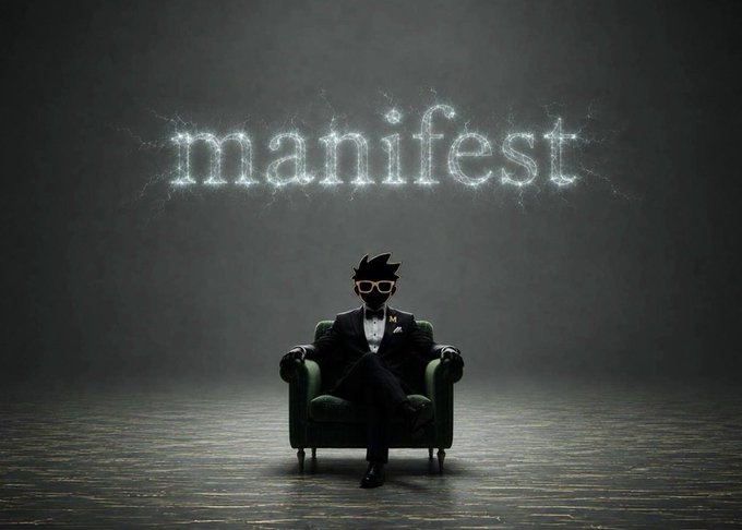 A figure in a suit and sunglasses sits calmly in a green armchair beneath a glowing, electrified word "manifest" floating against a dark background, perfectly capturing the post's message that manifesting is more than a passing trend—it's a deliberate lifestyle and mindset.