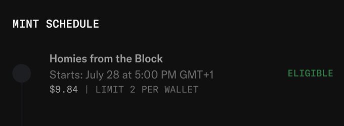 The image shows a mint schedule for "Homies from the Block" NFT collection, starting July 28 at 5:00 PM GMT+1, priced at $9.84 with a limit of 2 per wallet, and marked as "ELIGIBLE" — confirming the user is ready to mint on launch day, tying into the "See you on mint day" message.