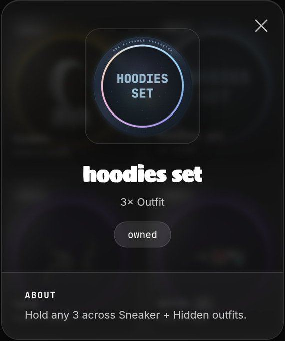 Digital item card from a sneaker game app showing a 'Hoodies Set' containing 3 outfits, marked as 'owned', with a note that it can be held across Sneaker + Hidden outfits.
