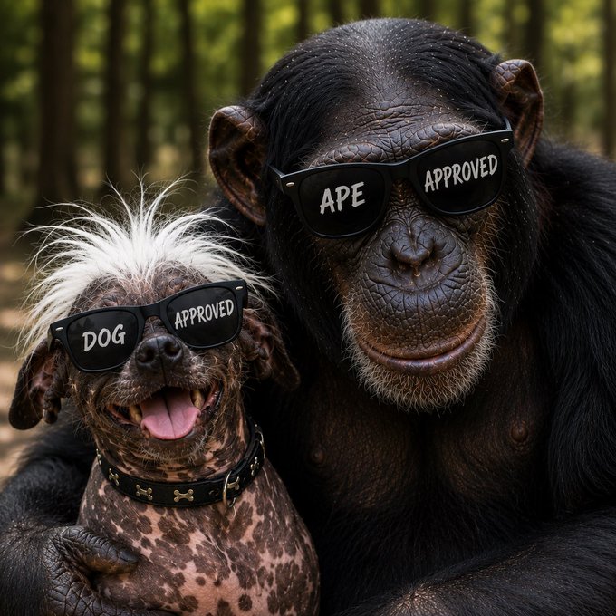 A photo-realistic image of a chimpanzee wearing 'APE APPROVED' sunglasses posing alongside a small hairless dog wearing 'DOG APPROVED' sunglasses in a forest setting.