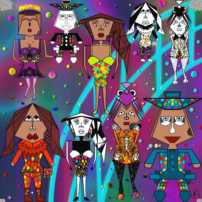 A colorful digital collage featuring nine cartoonish, geometric figures with patterned clothing and exaggerated facial features against a vibrant, abstract background with floating colorful spheres.