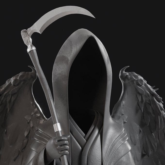 The image features a 3D rendering of an angel with wings and a hooded cloak holding a sword or scythe. The background is black, which contrasts with the angel's white robe and highlights its presence. The text "I've been preaching for a while how @BasicWorld_ brothers should be on discord and participating in all the games and giveaways" is present, suggesting that the image may be related to a post about online gaming or social media trends.