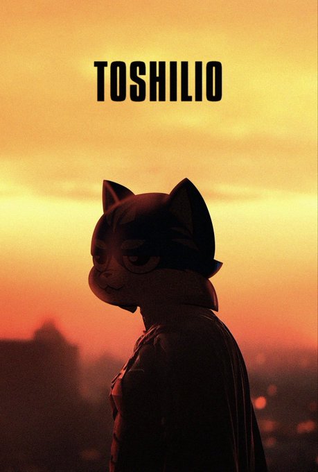 A cartoonish cat-like character in silhouette stands against a sunset cityscape with the text 'TOSHILIO' displayed above.