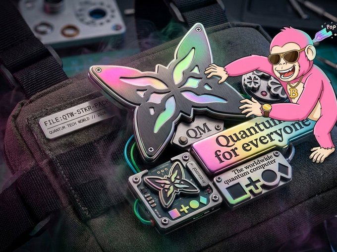A promotional image for Quantum (QTM) featuring metallic butterfly badges, tech gadgets, and a pink cartoon monkey character with sunglasses, with text reading 'Quantum for everyone' and 'The world's first quantum computer'.