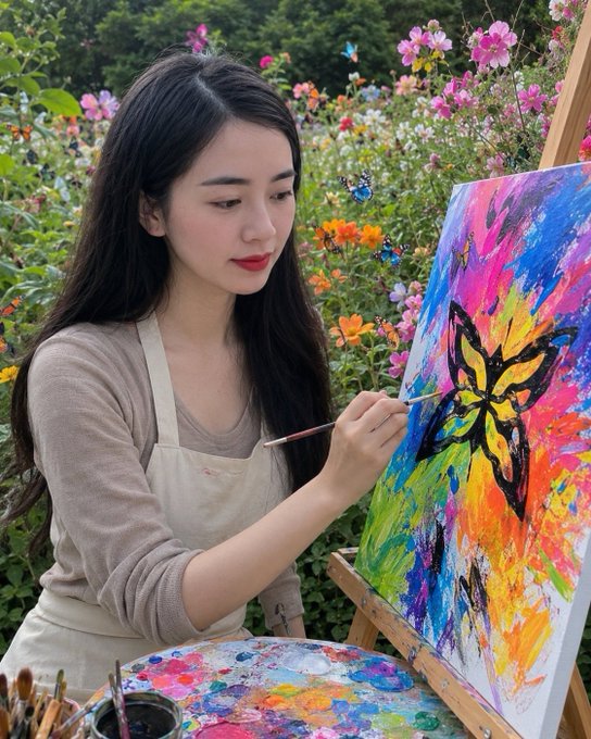 The image features a woman painting a butterfly on canvas outdoors surrounded by flowers. She is wearing an apron while she paints, indicating that she might be engaged in some form of art or craft project. The scene suggests that she could be creating a piece for her blog or social media to showcase her artistic abilities and share her work with others.