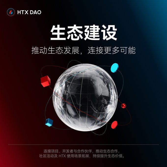 An HTX DAO promotional graphic in Chinese about ecosystem building (生态建设), featuring a glass globe with interconnected nodes symbolizing global partnerships.