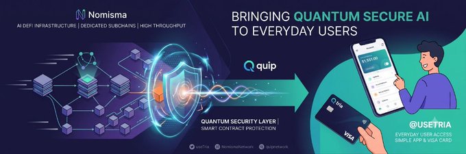 A marketing banner for Nomisma AI DeFi Infrastructure, depicting 'QUANTUM SECURE AI' with illustrations of smart contract protection, the Quip token, and @USETRA everyday user access via app and Visa card.