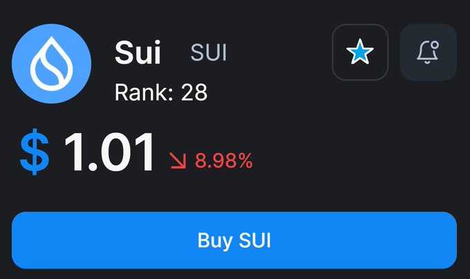 A cryptocurrency price screen showing 'Sui (SUI)' at a price of $1.01, ranked #28, with an 8.98% decrease indicated in red, and a blue 'Buy SUI' button below.