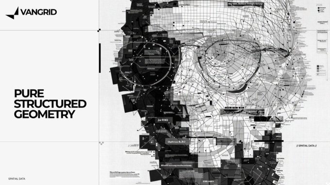A black-and-white graphic titled 'VANGRID' and 'PURE STRUCTURED GEOMETRY' displays a portrait composed of interconnected spatial data points and lines.
