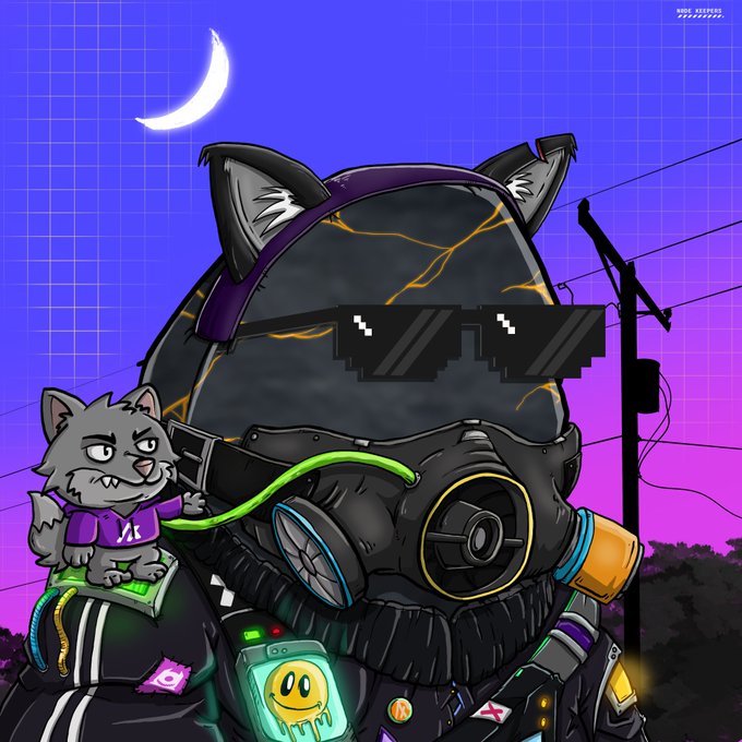 A digital illustration of a stylized cat character wearing a gas mask and pixelated sunglasses against a purple sunset sky with a crescent moon, with a smaller cat perched on its shoulder.