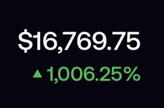 A financial display shows a portfolio value of $16,769.75 with a green upward arrow indicating a 1,006.25% gain, visually confirming the post celebrating their first 1000% gain on FOMO and the milestone of potentially saving enough for a house by year's end.