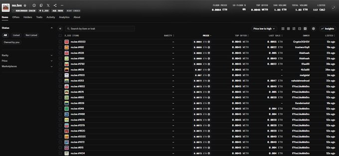 The image displays a Robinhood (RH) crypto trading dashboard showing real-time prices for various meme and novelty tokens like Mcoin #2022 ("CryptoGONE"), #392 ("InsecurityIn"), and #38 ("Shibbh"), with prices around $0.0004-0.0010 and 24-hour changes shown in the sidebar. The dashboard, titled "WE'REBACKBABY" with "Memecoin Chains" prominently displayed, captures the chaotic FOMO-driven crypto trading environment referenced in the post about #NFT and #RH notes.