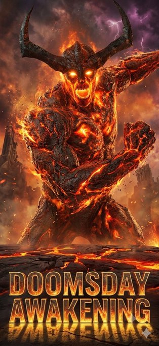 The image features a poster of a fiery, red-faced monster with horns standing on a rocky surface. The monster appears to be spewing fire or lava from its mouth, creating an intense and dramatic scene. The text "Doom'sday Awakening" is written in white at the bottom of the poster, indicating that it is related to the game "Doom".