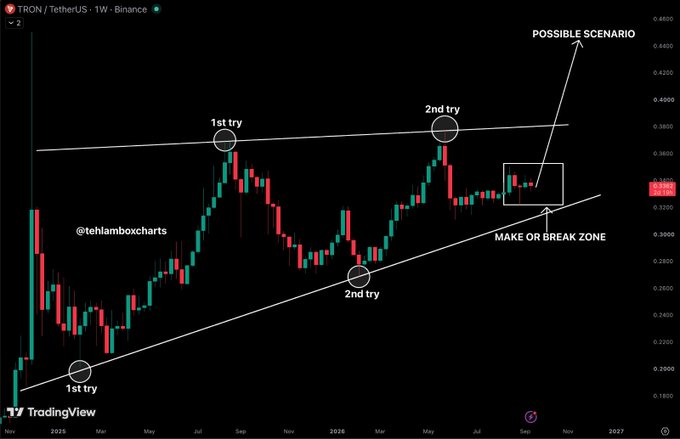 A TradingView weekly chart of TRON/TetherUS (TRONUSDT) showing an ascending triangle pattern with annotations marking '1st try' and '2nd try' at resistance and support levels, indicating a 'POSSIBLE SCENARIO' breakout from a 'MAKE OR BREAK ZONE'.
