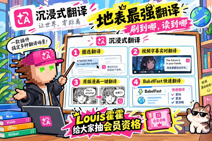 A colorful Chinese-language promotional graphic for an 'immersive translation' (沉浸式翻译) app, featuring a pixel-art character and highlighting features like comic translation, video subtitle translation, and 'BabelFast' translation.