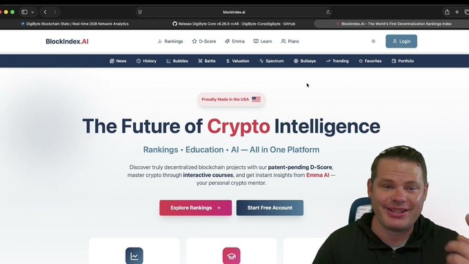 A BlockIndex.AI website showing "The Future of Crypto Intelligence" with a presenter visible in the bottom right corner.