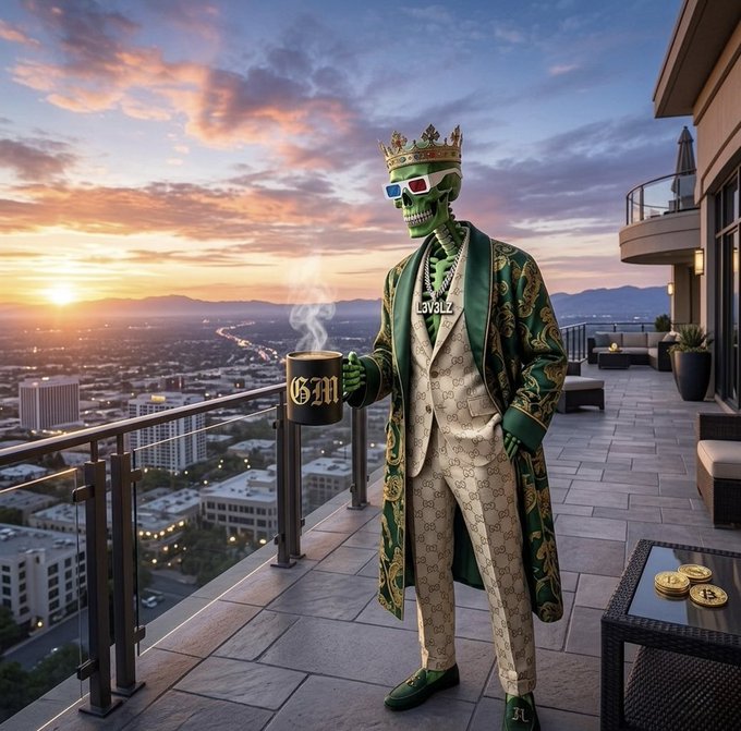 A surreal scene of a skeletal figure wearing a golden crown, sunglasses, a Gucci-patterned green robe and cream suit, standing on a modern balcony at sunset while holding a steaming black mug with 'GM' written in gold lettering, with two gold bitcoin coins on a nearby table.