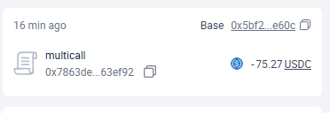 A transaction history screenshot from a crypto wallet shows a "multicall" contract interaction on the Base network (address 0x7863de...63ef92) from 16 minutes ago, debiting 75.27 USDC from the user's account. This visually documents the $75 USDC loss the user describes, where they were tricked by a scam account impersonating @playyakkamon into signing a malicious transaction on Base instead of the legitimate Ronin network.