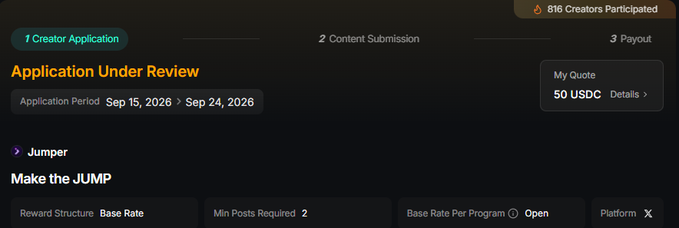 A dark-themed interface shows an 'Application Under Review' status for the 'Jumper' program, indicating '816 Creators Participated', an application period from Sep 15, 2026 to Sep 24, 2026, and a 'My Quote 50 USDC' payout.
