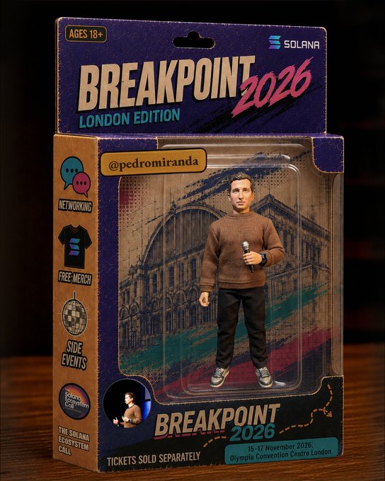 Promotional packaging for 'BREAKPOINT 2026 LONDON EDITION' by Solana featuring an action figure of @pedromiranda in a brown sweater, dated 15-17 November 2026.
