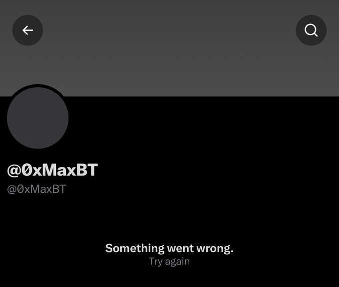 A screenshot of a Twitter/X profile page for @0xMaxBT displays an error message reading "Something went wrong. Try again," visually corroborating the post's claim that the user deleted all their social media accounts after selling their MegaETH allocation at peak.