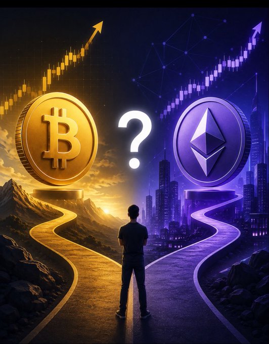 A figure stands at a crossroads between a glowing gold Bitcoin (₿) coin and a purple Ethereum (Ξ) coin, with a question mark between them as both charts show upward momentum, symbolizing the tough decision between investing in BTC and ETH.

The image visually captures the dilemma the post describes, showing a person facing two paths—each represented by one of the leading cryptocurrencies—with price charts trending upward above both, perfectly illustrating the comparison being made.