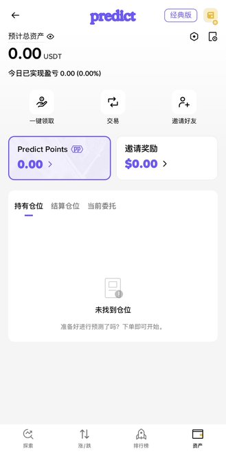 Screenshot of a mobile app called 'predict' (经典版) showing a total asset value of 0.00 USDT, with options for '一键建仓' (one-click position building), '交易' (trade), and '邀请好友' (invite friends), along with tabs for '持仓仓位' (held positions), '结算仓位' (settled positions), and '当前委托' (current orders).