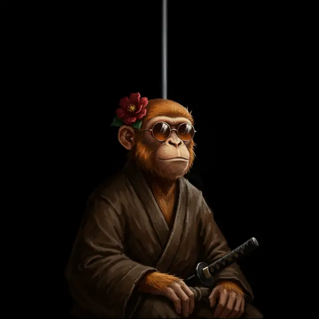 A digital illustration of a monkey dressed as a samurai, wearing round sunglasses and a red flower behind its ear, holding a katana against a dark background.