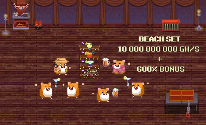 A pixel art game scene showing hamster characters and a barmaid in a tavern setting, with promotional text reading 'BEACH SET 10 000 000 000 GH/S + 600% BONUS'.