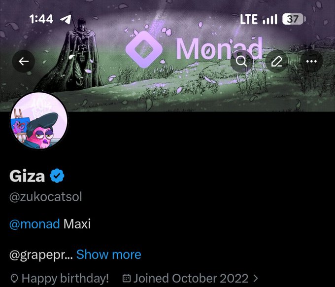 A Twitter/X profile for "Giza" (@zukocatsol), a verified @monad Maxi who joined in October 2022, shown with a profile pic of a pink cat in a cap and a Batman-themed banner, celebrating "Happy birthday!" with a Monad-themed Sunday greeting.