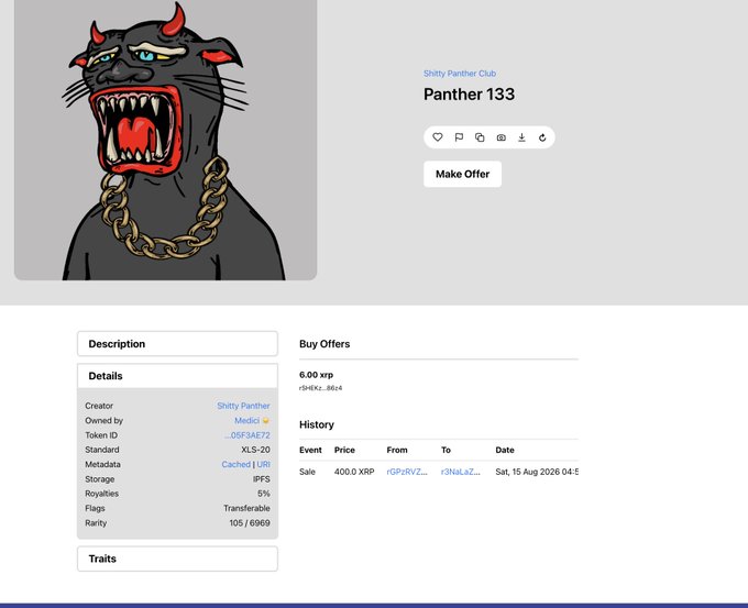An NFT marketplace listing for "Panther 133" from the Sh*tty Panther Club collection, created by Sh*tty Panther, showing a buy offer of 6.00 XRP and recent sale history.