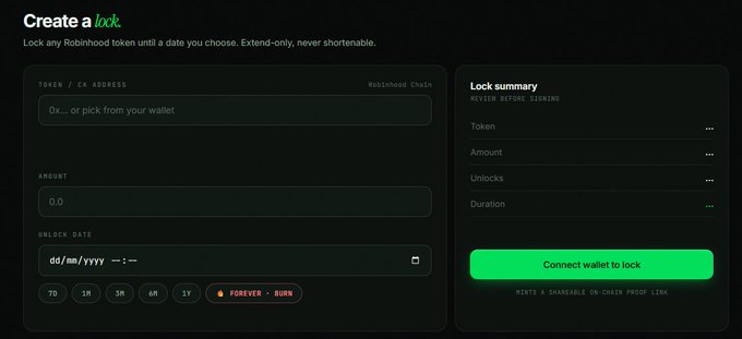 The image shows a "Create a lock" interface on Hoodlock.tech (Robinhood Chain), where users can lock any Robinhood token by entering the token/CA address, amount, and unlock date, with a "Connect wallet to lock" button and a lock summary panel on the right—directly illustrating the token-locking tool the post is promoting for teams to use.