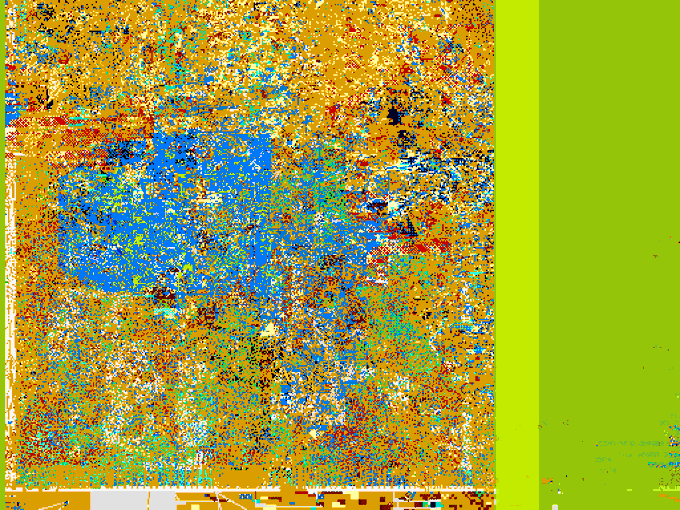 An abstract, heavily textured artwork consists of gold and blue paint splatters with a solid bright green vertical strip along the right edge.