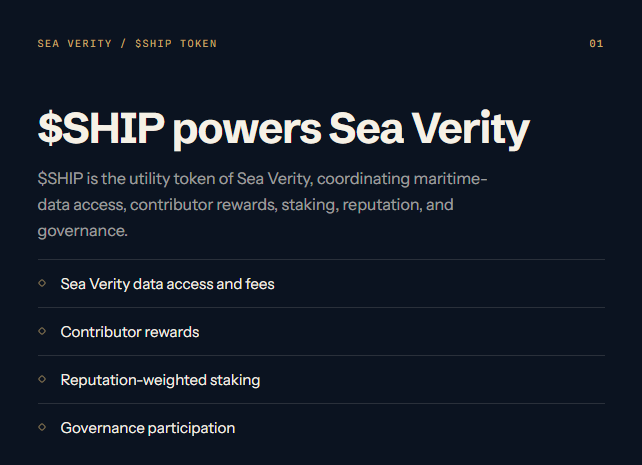 An informational slide titled '$SHIP powers Sea Verity', explaining that $SHIP is the utility token for Sea Verity, used for maritime-data access, contributor rewards, reputation-weighted staking, and governance participation.
