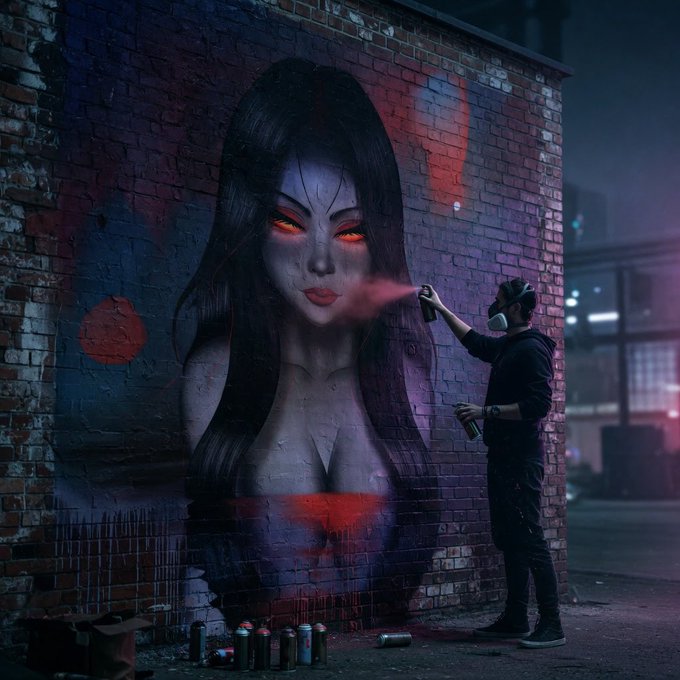 A person wearing a gas mask stands before a brick wall, spray-painting a large mural of a woman with glowing red eyes.