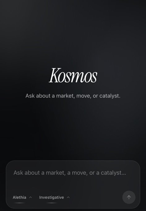 The image shows a sleek dark-themed landing page for Kosmos with the tagline "Ask about a market, move, or catalyst" and a chat input bar featuring "Alethia" and "Investigative" tabs. This interface aligns with the post's vision of building a "Smart Money Radar," as the platform appears designed for users to query markets, trends, and key influencers in prediction markets like Polymarket and Kalshi.