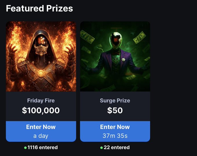 'Featured Prizes' section displaying 'Friday Fire' ($100,000, 1116 entered, ends in a day) and 'Surge Prize' ($50, 22 entered, 37m 35s left).