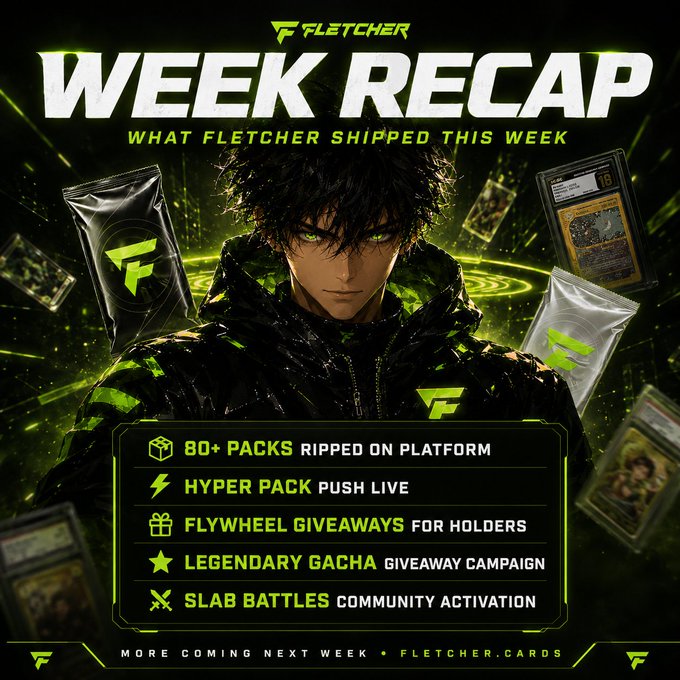 A Fletcher 'Week Recap' promotional graphic featuring anime-style artwork and listing highlights like '80+ Packs Ripped on Platform' and 'Hyper Pack Push Live'.