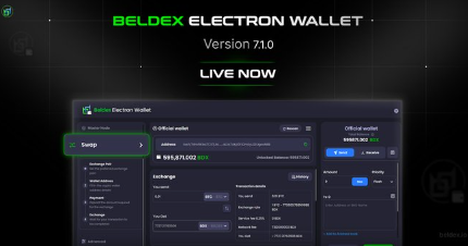 Promotional graphic for BELDEX ELECTRON WALLET Version 7.1.0 'LIVE NOW' showing a screenshot of the wallet interface.